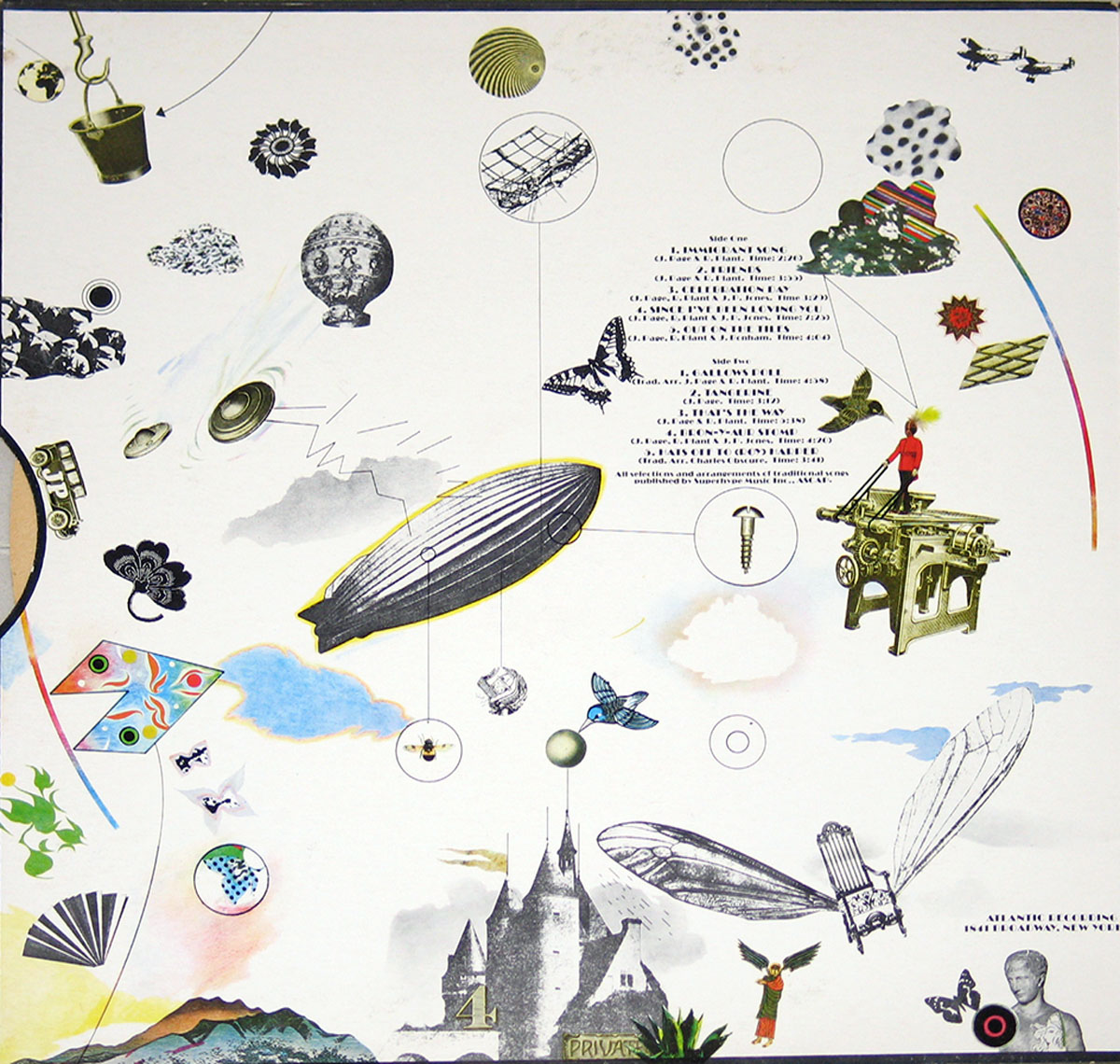The inside page of the Led Zeppelin III gatefold cover features a surreal collage of floating objects, including a zeppelin, vintage machinery, insects, celestial elements, and abstract shapes. The album’s tracklist is printed in the center, intersected by fine black lines connecting the imagery in a whimsical, dreamlike arrangement.